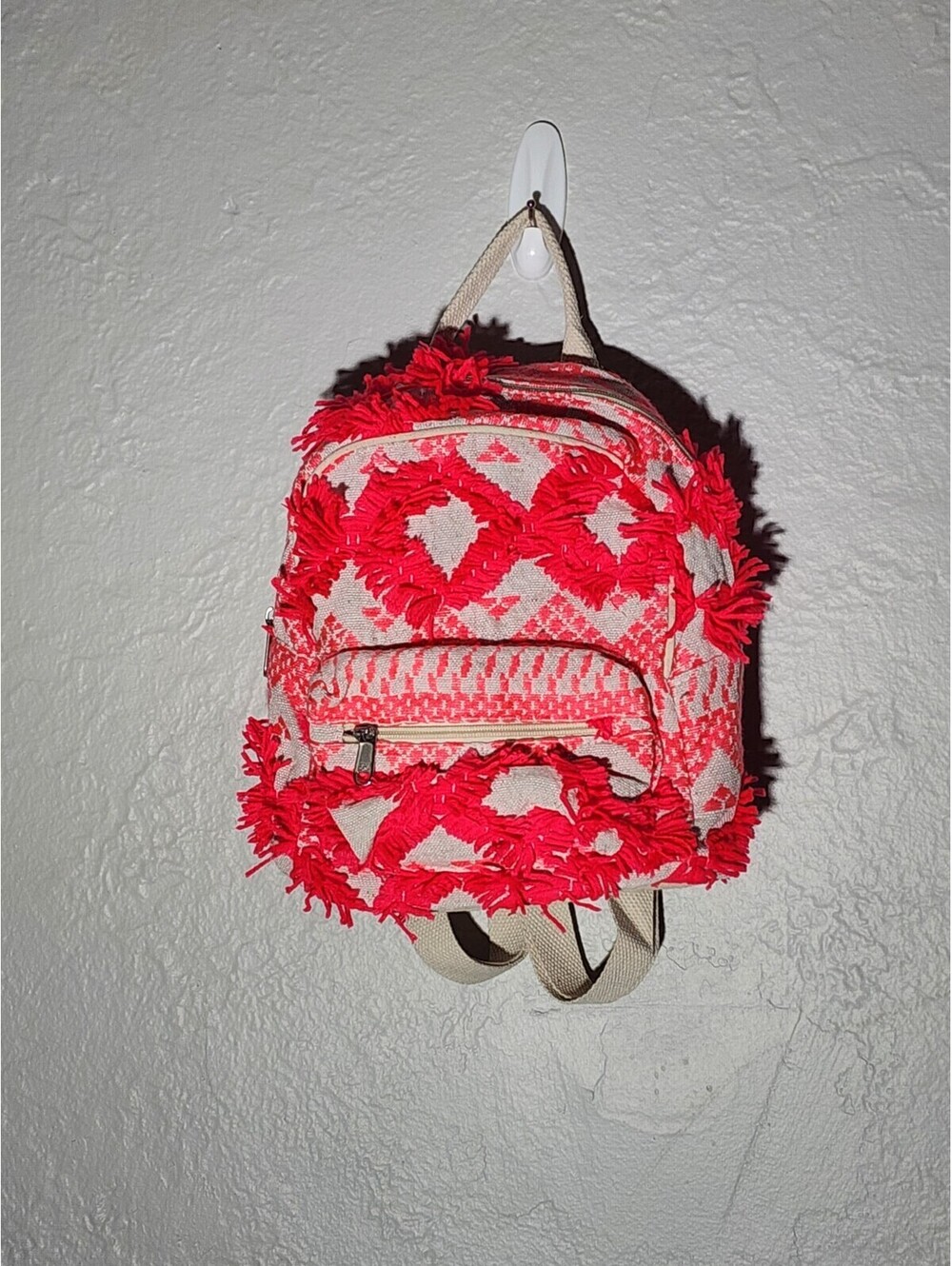 Coral Pink Shag Yarn Mini Backpack with Zip Around plus front zipper Compartment